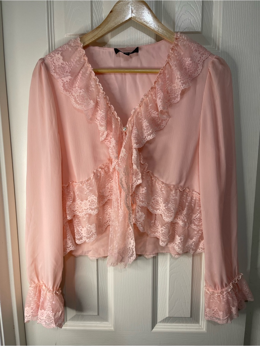 Pink Ruffle Lace V-Neck Romantic Coquette Long Sleeve Crop Blouse size Petite L